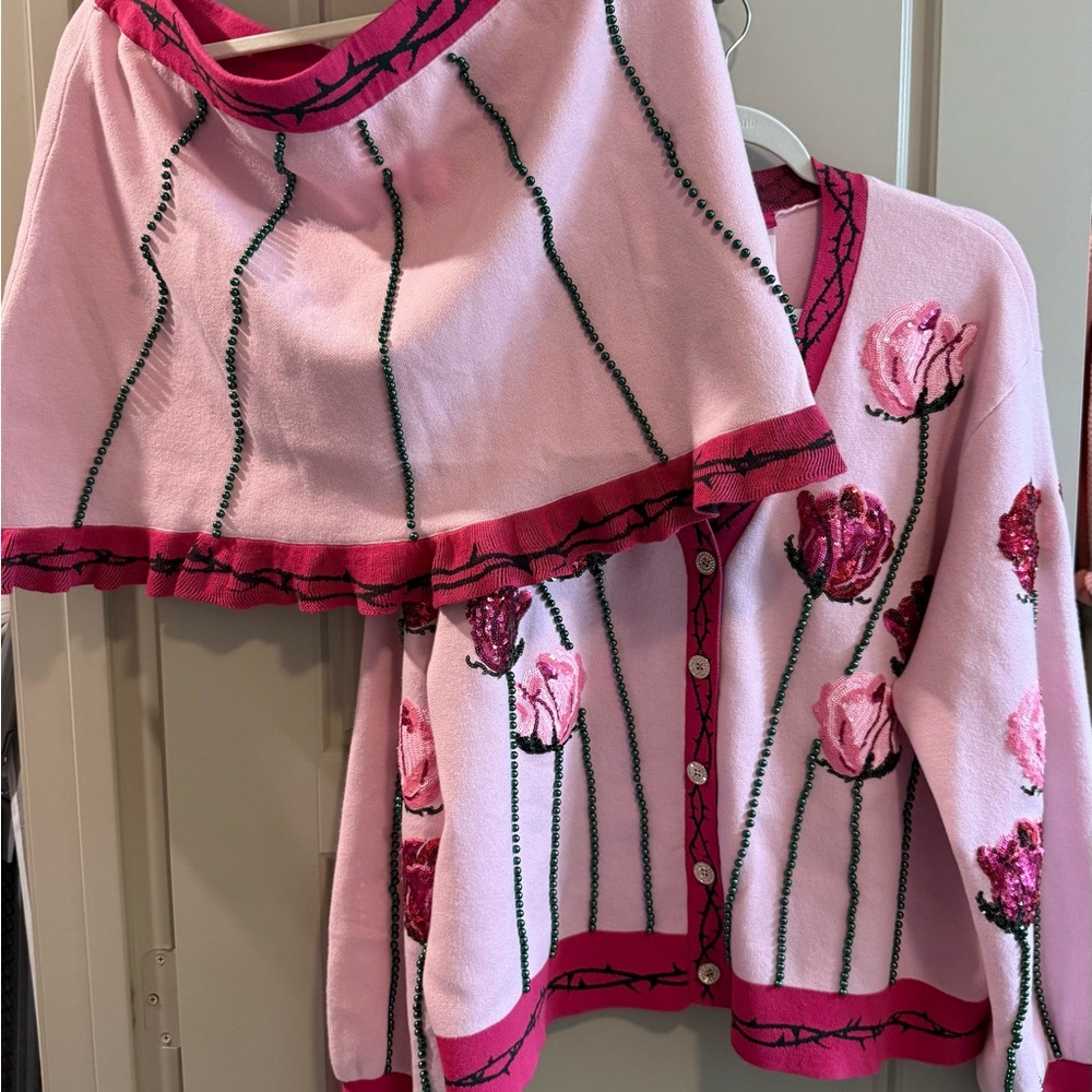 QUEEN OF SPARKLES Long Stem Rose Cardigan/Skirt Set NWT - Picture 2 of 5